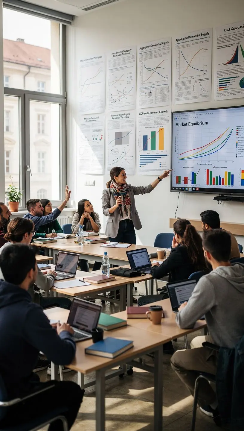 Diákok csoportja, akik gazdasági elméleteket vitatnak meg egy egyetemi tanteremben.